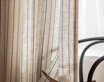 Blue Striped Linen Textured Sheer Curtains Custom Made Natural Light Drapes