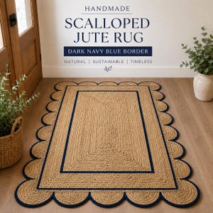 Handmade Natural Fiber Scalloped Jute Rug featuring a Dark Navy Blue Border Rug