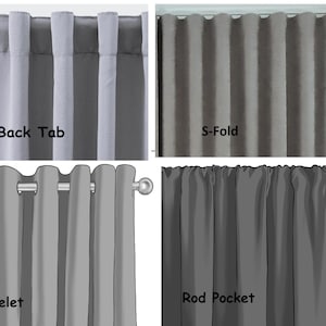 May include: A composite image showcasing four different curtain styles. The styles include Back Tab, S-Fold, Eyelet, and Rod Pocket. Each style is displayed with a gray curtain fabric, with the style name labeled below each curtain.