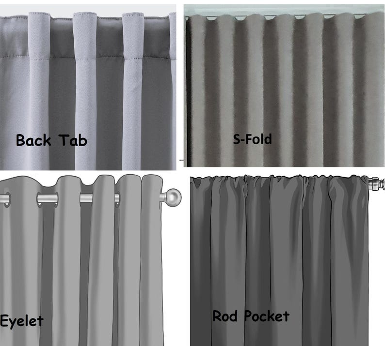 May include: A composite image showcasing four different curtain styles. The styles include Back Tab, S-Fold, Eyelet, and Rod Pocket. Each style is displayed with a gray curtain fabric, with the style name labeled below each curtain.