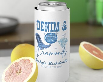 Personalisierter Denim & Diamonds Slim Can Cooler | Junggesellinnenabschied; beidseitig bedruckt