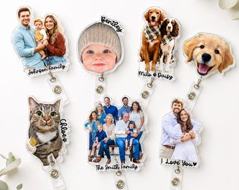 Personalized Photo Badge Reel: Dog, Cat Retractable ID Holder; Baby Face Badge Reel, Dog Owner Gifts, Vet ID Clip, Pet Lovers Gift