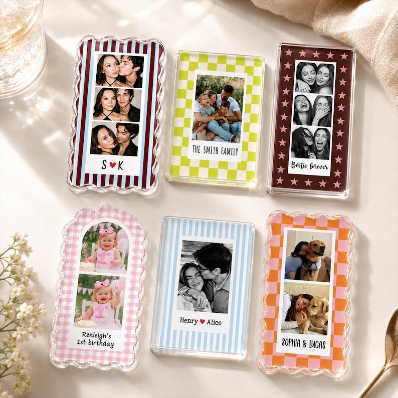 May include: Six rectangular acrylic photo magnets featuring various patterns and personalized text. Designs include red stripes with S heart K, green checkers with The Smith Family, brown stars with Bestie forever, pink gingham, blue stripes with Henry heart Alice, and orange checkers with Sophia and Lucas.