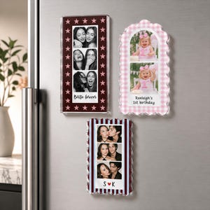 May include: Three rectangular acrylic photo magnets. The left magnet has a dark red border with pink stars and the text Bestie forever. The top right magnet has a pink gingham border and the text Renleigh's 1st birthday. The bottom magnet has blue and red stripes and the text S heart K.