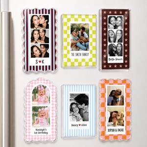 May include: Six rectangular photo magnets with various borders including red stripes, lime green checks, brown stars, pink gingham, blue stripes, and orange checks. Each magnet displays personal photographs and text like S K, The Smith Family, Bestie forever, Renleigh's 1st birthday, Henry Alice, and Sophia Lucas.