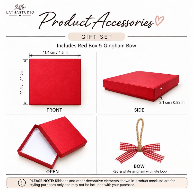 May include: A red gift box set featuring a square lid and base. The box measures 4.5 inches by 4.5 inches with a height of 0.83 inches. The set includes a red and white gingham bow with a jute loop. Text includes Product Accessories, Gift Set, Includes Red Box & Gingham Bow, Front, Side, Open, Bow, and a disclaimer.