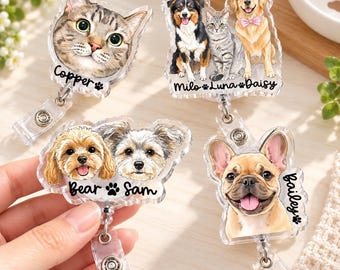 Personalized Acrylic Portrait From Photo PetBadge Reel: Dog, Cat Retractable ID Holder, Nursing Badge Reel, Vet Badge Holder