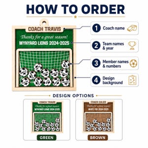 May include: A wooden sign featuring a soccer goal design with small circular tokens representing soccer balls, each labeled with names and numbers. The text reads COACH TRAVIS, Thanks for a great season!, and WYNYARD LIONS 2024-2025. Includes green and brown background options.