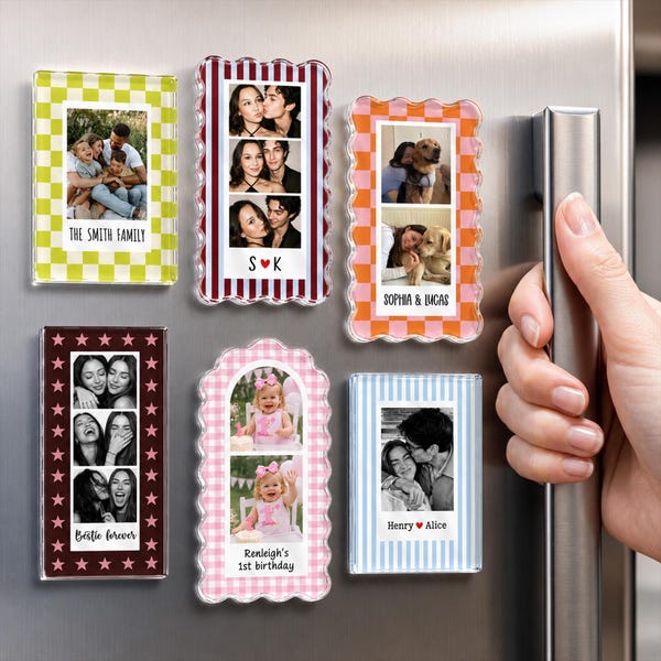 Personalized Checkered Frame Photo Magnet, Custom Family Photo Magnet, Besties Photo Manget, Couples Photo Magnet, Dog Cat Photo Magnet