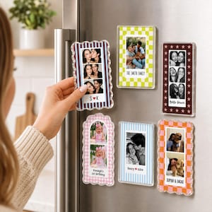 May include: Six rectangular acrylic photo magnets with scalloped or straight edges, featuring various patterns like stripes, checkers, and stars. Each magnet displays personalized photo strips or portraits with custom text like S K, The Smith Family, Bestie forever, Renleigh's 1st birthday, Henry Alice, and Sophia Lucas.