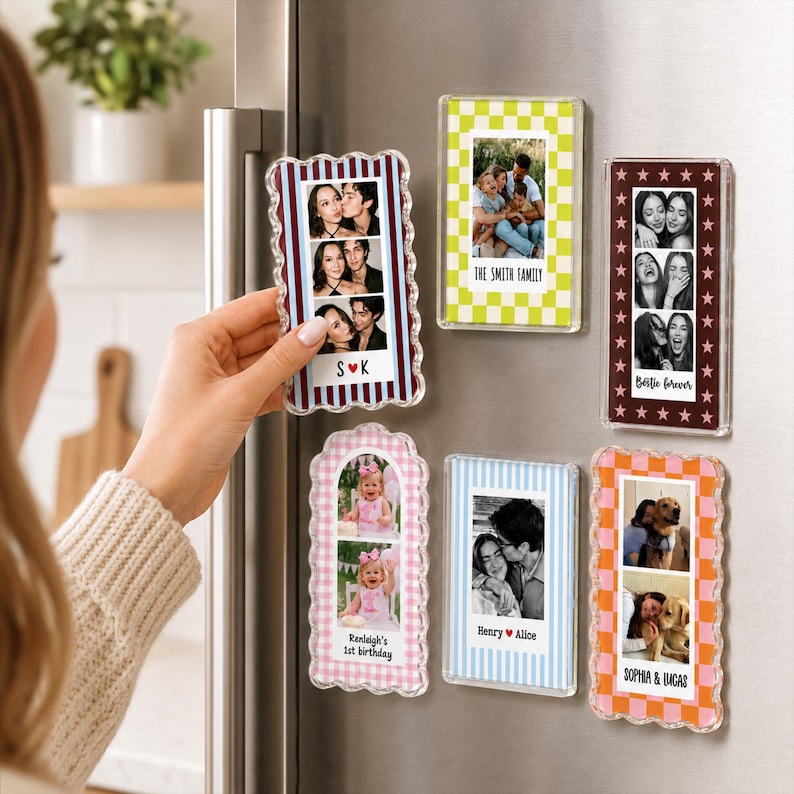 May include: Six rectangular acrylic photo magnets with scalloped or straight edges, featuring various patterns like stripes, checkers, and stars. Each magnet displays personalized photo strips or portraits with custom text like S K, The Smith Family, Bestie forever, Renleigh's 1st birthday, Henry Alice, and Sophia Lucas.