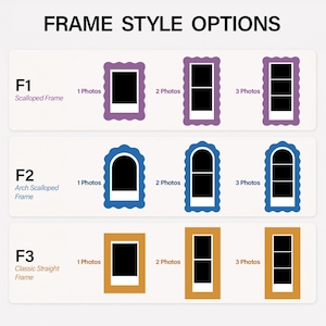 May include: A chart titled FRAME STYLE OPTIONS displaying three frame types: F1 Scalloped Frame in purple, F2 Arch Scalloped Frame in blue, and F3 Classic Straight Frame in gold. Each style shows configurations for 1, 2, or 3 photos.