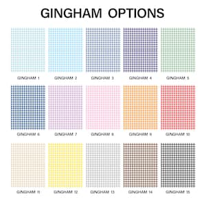 May include: A grid of fifteen square swatches displaying various gingham patterns labeled GINGHAM 1 through GINGHAM 15. The colors include light blue, dark blue, purple, green, pink, orange, red, beige, yellow, gray, brown, and black.