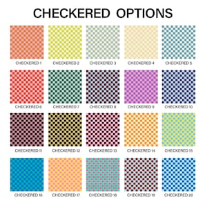 May include: A grid of twenty square swatches displaying various two-tone checkered patterns labeled Checkered 1 through Checkered 20. Each square features a repeating pattern of alternating colors, including combinations of pink, green, blue, yellow, brown, and purple.