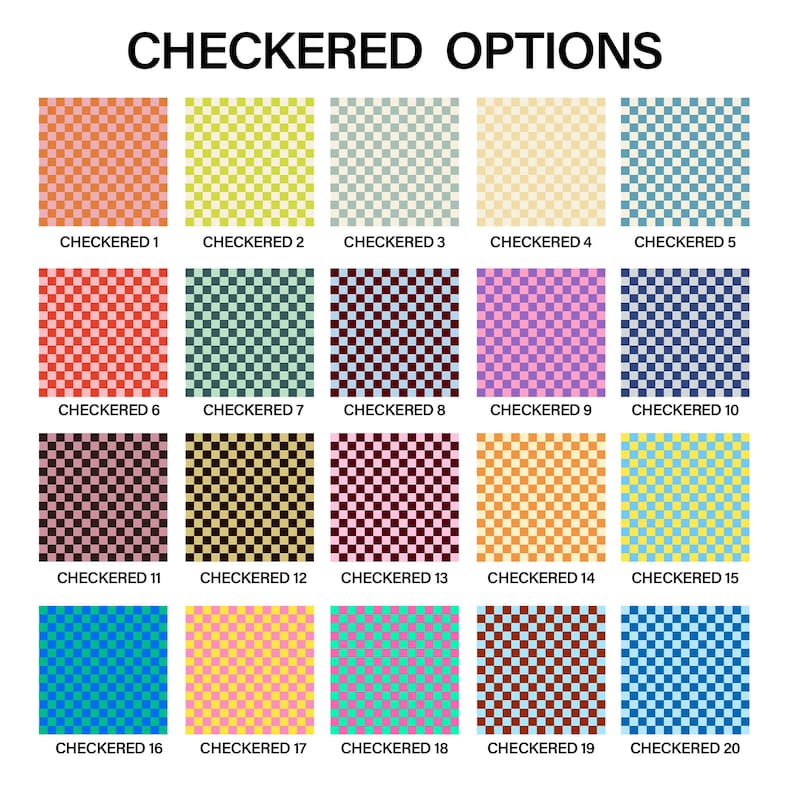 May include: A grid of twenty square swatches displaying various two-tone checkered patterns labeled Checkered 1 through Checkered 20. Each square features a repeating pattern of alternating colors, including combinations of pink, green, blue, yellow, brown, and purple.