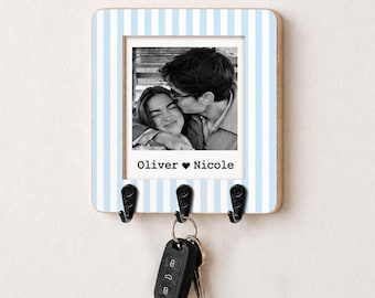 Personalized Striped Wooden Photo Key Holder, Custom Family Photo Key Hook, Couples Photo Key Holder, Family Keepsake, Newlywed Gifts