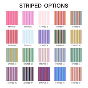 May include: A grid of twenty square swatches labeled STRIPED OPTIONS, each featuring a unique vertical stripe pattern in various color combinations including pink, red, blue, green, brown, gold, and purple, with each swatch numbered 1 through 20.