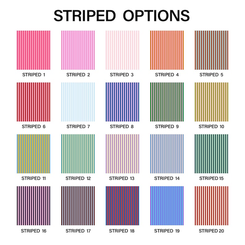 May include: A grid of twenty square swatches labeled STRIPED OPTIONS, each featuring a unique vertical stripe pattern in various color combinations including pink, red, blue, green, brown, gold, and purple, with each swatch numbered 1 through 20.