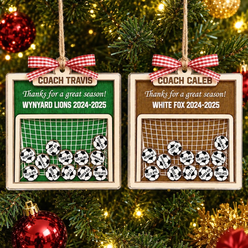 May include: Two square wooden ornaments with red and white gingham bows. One is green, one is brown. Both feature a soccer goal graphic, the text "Thanks for a great season!", team names, and small circular soccer ball tokens with names.