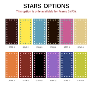 May include: A chart titled STARS OPTIONS with the text This option is only available for Frame 3 (F3). It displays twelve rectangular color swatches labeled STAR 1 through STAR 12, each featuring a border of small stars in various color combinations.
