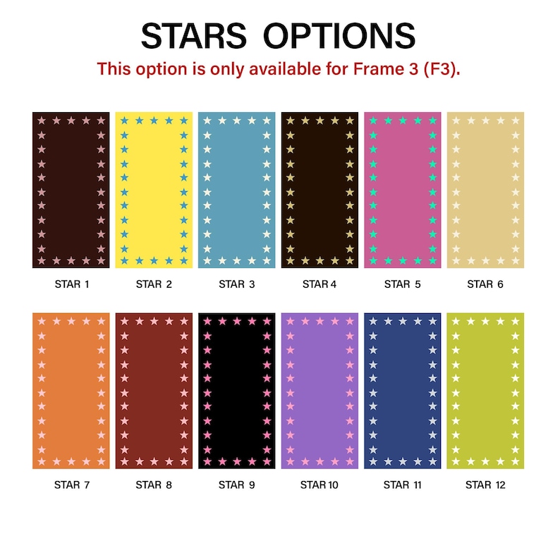 May include: A chart titled STARS OPTIONS with the text This option is only available for Frame 3 (F3). It displays twelve rectangular color swatches labeled STAR 1 through STAR 12, each featuring a border of small stars in various color combinations.
