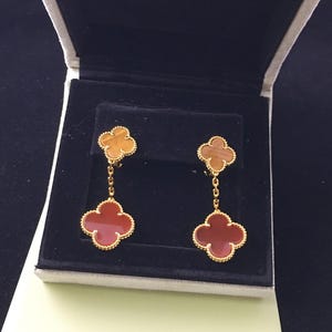 Vintage VCA 18K yellow gold Tiger Eye and Carnelian Clover Earrings 2 motifs