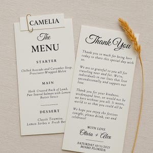 Wedding Menu with Thank You Card and Place Card, Printed Menu Card, Custom Guest Names, Menu & Colors, Bridal Shower Thank You Card, WM001