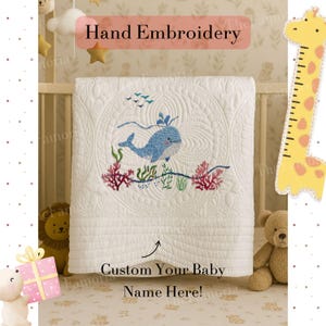 Couverture baleine brodée à la main, édredon personnalisé pour bébé, cadeau bébé sur le thème de l&#39;océan, souvenir pour chambre d&#39;enfant, couverture bébé personnalisée #5
