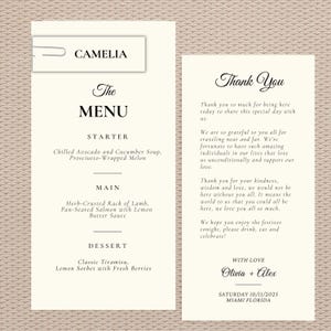 Wedding Menu with Thank You Card and Place Card, Printed Menu Card, Custom Guest Names, Menu & Colors, Bridal Shower Thank You Card, WM001