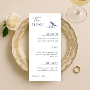 Minimalist Wedding Menu Card, Custom Wedding Dinner Menu, Bird Wedding Stationery, Elegant Reception Menu, Printed Menu Card, WM006