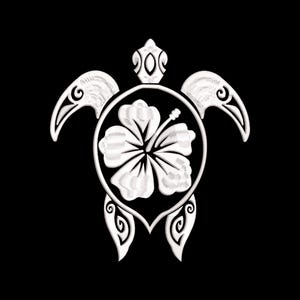 May include: White stylized turtle design on a black background. The turtle features a hibiscus flower in the center and intricate patterns on the flippers and head. The design is a detailed, symmetrical illustration.