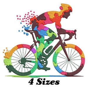 May include: Colorful embroidery design of a cyclist riding a bicycle. The design is made up of various shades of blue, green, red, yellow, and orange. The design includes the text "4 Sizes".