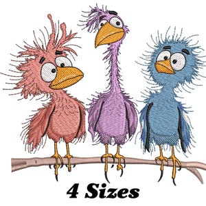 May include: Three cartoon birds with colourful feathers are perched on a branch. The birds have large eyes and are looking in different directions. The bird on the left is pink, the bird in the middle is purple, and the bird on the right is blue.
