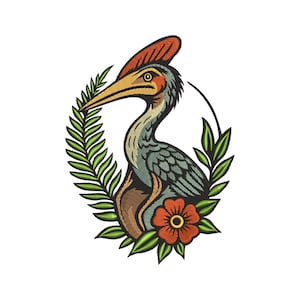 Peut inclure: Une illustration graphique d'un oiseau au bec long et pointu, doté d'une crête orange proéminente sur la tête. L'oiseau est coloré dans des tons de bleu et de gris, encadré par des feuilles de fougère vertes et une fleur orange au centre.