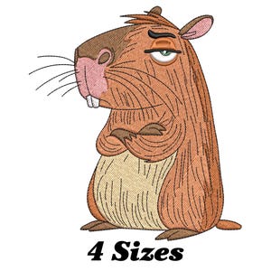 May include: A cartoon illustration of a brown capybara with a grumpy expression. The capybara is standing with its arms crossed and has a pink nose and white teeth.