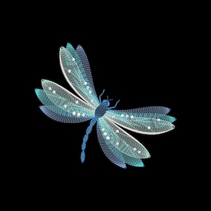 May include: A detailed illustration of a dragonfly with intricate wing patterns. The dragonfly is rendered in shades of blue and teal, with white accents. The insect is set against a solid black background.