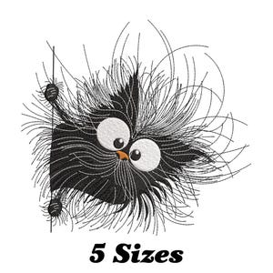 May include: Black and white embroidery design of a fluffy cat peeking around a corner. The cat has large, round eyes and a mischievous expression. The design is available in 5 sizes.