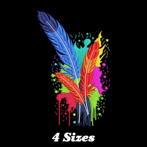 Puede incluir: Diseño de bordado colorido con tres plumas y salpicaduras de pintura en el fondo. Las plumas son rojas, azules y verdes. Las salpicaduras de pintura son de varios colores, incluyendo rosa, amarillo y turquesa.