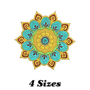 May include: A colorful mandala design with yellow, blue, green, and red accents. The design is circular and has a repeating pattern of flowers and leaves. The text "4 Sizes" is below the mandala.