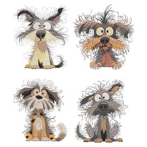 Puede incluir: Cuatro ilustraciones de perros de dibujos animados con ojos expresivos y pelaje desgreñado. Los perros son de varios colores, incluyendo gris, marrón y beige, y están sobre un fondo blanco. Los perros están sentados.