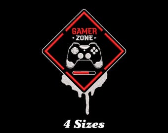 May include: Red diamond-shaped sign with a white video game controller and the text "GAMER ZONE" in white. The sign has a dripping paint effect.