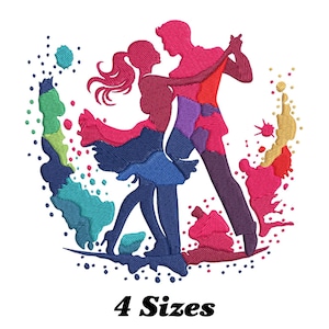 Pode incluir: Silhueta de um casal dançando, com respingos de tinta colorida no fundo. O design está disponível em quatro tamanhos.
