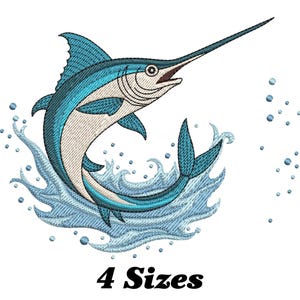 May include: A blue marlin jumps out of the water, its tail splashing in the waves. The marlin is facing right and has a long, pointed bill. The water is a light blue color and there are white bubbles around the marlin.