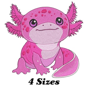 Könnte beinhalten: Rosafarbener Axolotl mit schwarzen Augen und Flecken, der auf einem weißen Hintergrund sitzt. Der Axolotl hat einen großen Kopf und einen langen Schwanz. Der Text "4 Sizes" befindet sich unter dem Axolotl.