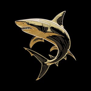 May include: A detailed illustration of a shark in gold and black. The shark is depicted in a dynamic pose, with its body curved and fins extended. The design features intricate line work, creating a textured appearance against a black background.