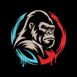 May include: An embroidered patch featuring a stylized gorilla head in profile, rendered in shades of beige and black. The gorilla is framed by a circular design with a light blue drip effect on the left and a vibrant red drip effect on the right.