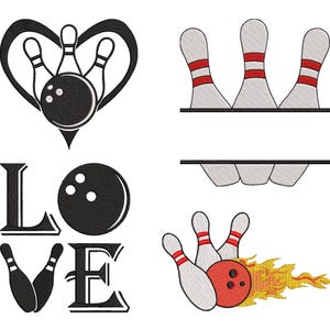 Könnte beinhalten: Schwarz-weiße Stickmuster zum Thema Bowling. Enthält eine Bowlingkugel und Kegel in einem Herzen, das Wort "LOVE" mit einer Bowlingkugel und eine Bowlingkugel mit Kegeln und Flammen. Ideal zum Basteln.