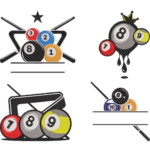 May include: Four embroidered designs featuring billiard balls and cues. One design shows balls numbered 1, 2, 3, and 8, with a star above. Another shows a dripping 8-ball with a crown and balls numbered 7 and 9. The other two designs show balls numbered 1, 7, 8, 9, and 10.