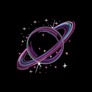 May include: A vibrant illustration of a planet with rings, rendered in shades of purple, blue, and pink against a black background. The planet is surrounded by a series of stars, creating a celestial theme.