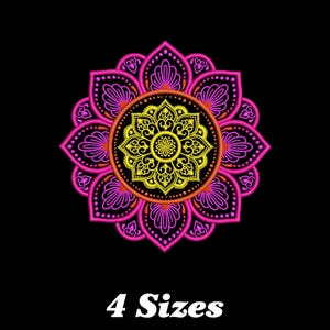 Puede incluir: Un diseño de mandala rosa y amarillo con detalles intrincados. El mandala está rodeado de un fondo negro. El texto "4 tamaños" está escrito debajo del mandala.